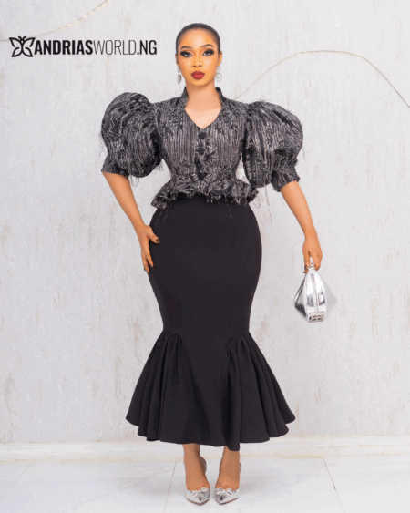 BLACK DAMASK TOP WITH FISHTAIL SKIRT SET
